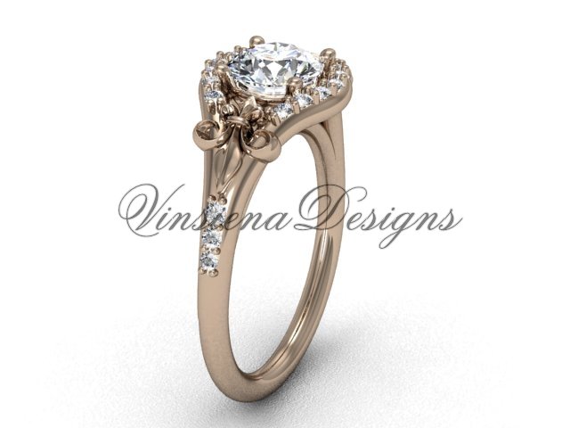 14kt rose gold diamond Fleur de Lis, eternity, One Moissanite engagement ring VD208126