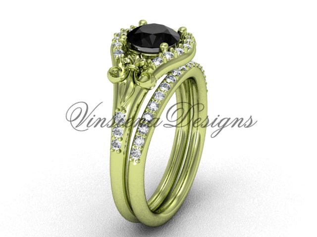 14kt yellow gold diamond Fleur de Lis, engagement ring, Black Diamond engagement set VD208126S