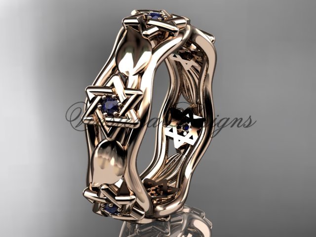 14kt rose gold Star of David ring, jewish ring, leaf and vine wedding band VH10014B