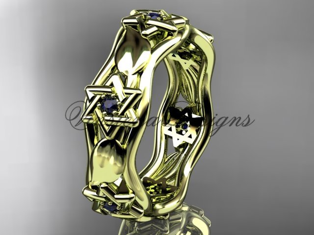14kt yellow gold Star of David ring, jewish ring, leaf and vine wedding band VH10014B