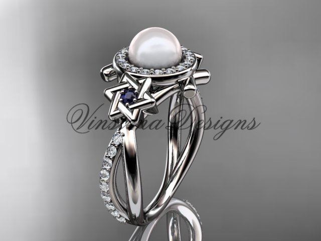 14kt white gold diamond, Star of David ring, jewish ring, engagement ring, Cultured Pearl VHP10012