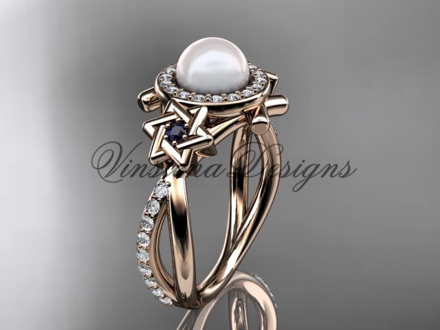 14kt rose gold diamond, Star of David ring, jewish ring, engagement ring, Cultured Pearl VHP10012