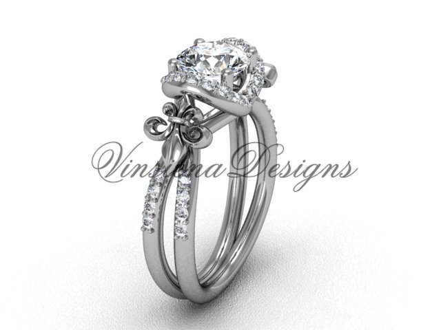 Platinum diamond Fleur de Lis, halo engagement ring VD208140