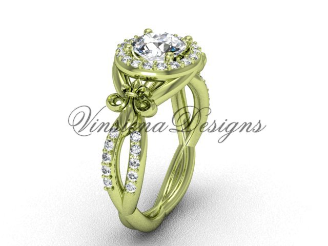 14kt yellow gold diamond Fleur de Lis, halo engagement ring, One Moissanite VD208127