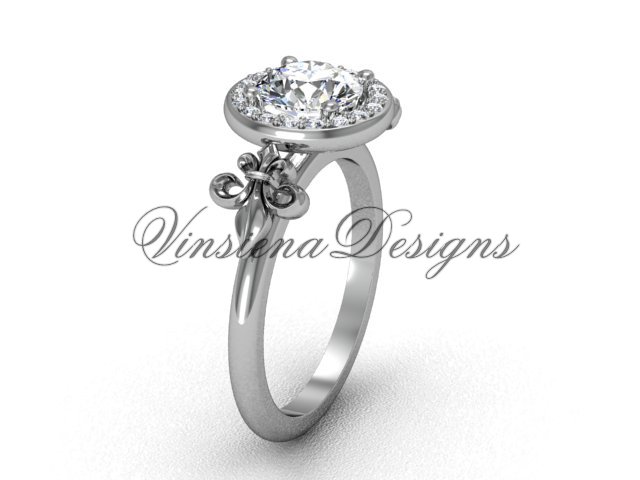 14kt white gold diamond, halo ring, Fleur de Lis engagement ring VD208129