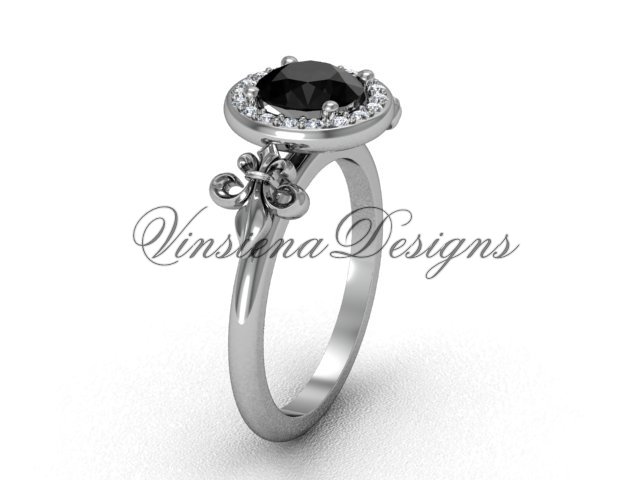 14kt white gold diamond, halo ring, Fleur de Lis engagement ring, enhanced Black Diamond VD208129
