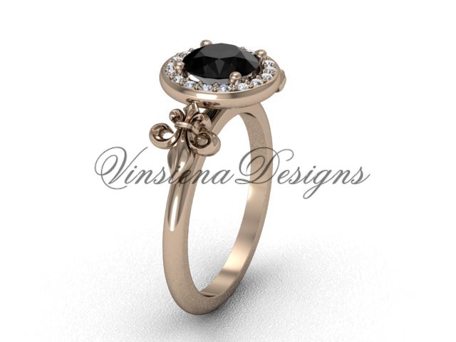 14kt rose gold diamond, halo ring, Fleur de Lis engagement ring, enhanced Black Diamond VD208129