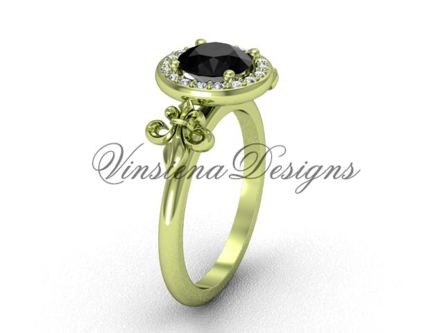 14kt yellow gold diamond, halo ring, Fleur de Lis engagement ring, enhanced Black Diamond VD208129