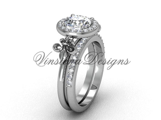 14kt white gold diamond, halo ring, Fleur de Lis engagement ring, wedding set VD208129S