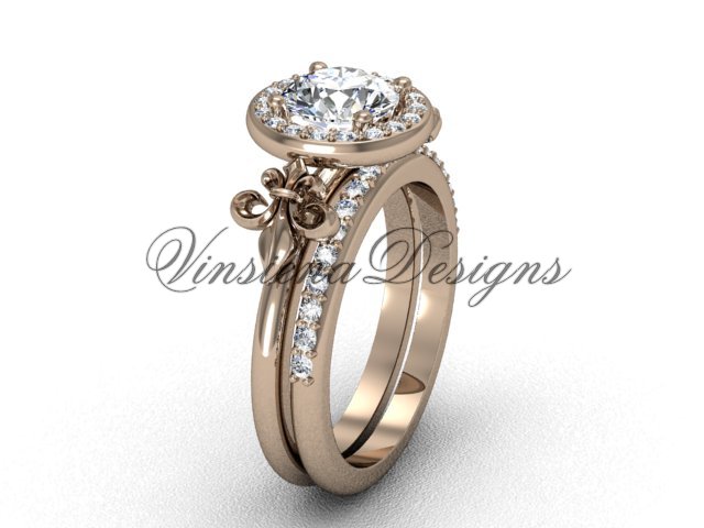 14kt rose gold diamond, halo ring, Fleur de Lis engagement ring, wedding set VD208129S