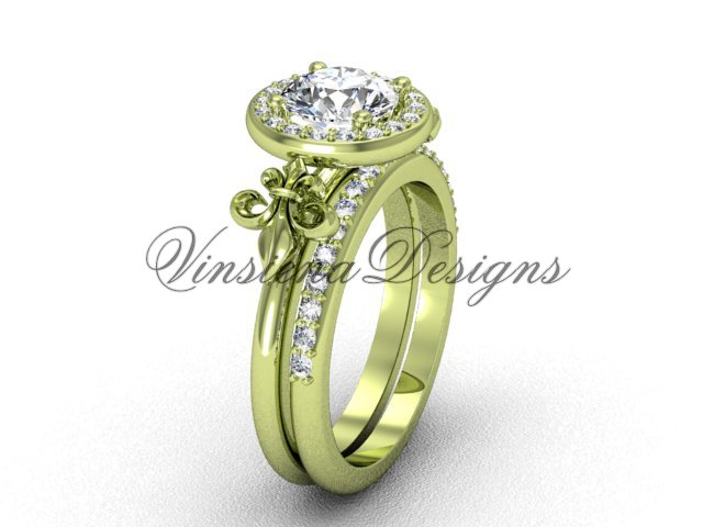 14kt yellow gold diamond, halo ring, Fleur de Lis engagement ring, wedding set VD208129S