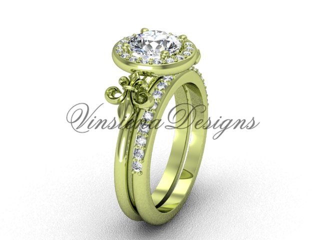 14kt yellow gold diamond, halo ring, Fleur de Lis engagement ring, One Moissanite VD208129S