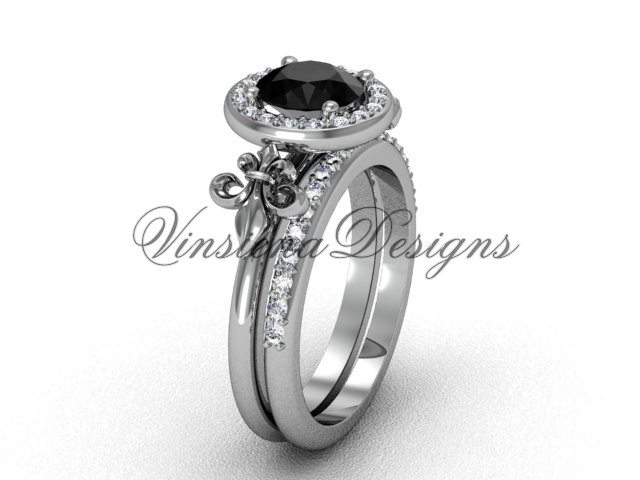 14kt white gold diamond, halo ring, Fleur de Lis engagement ring, enhanced Black Diamond VD208129S