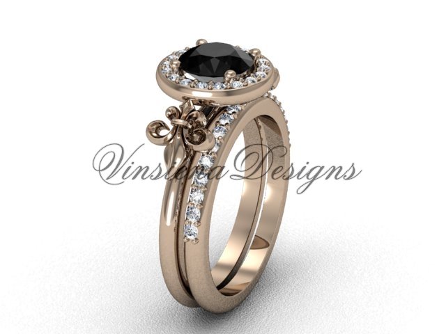 14kt rose gold diamond, halo ring, Fleur de Lis engagement ring, enhanced Black Diamond VD208129S