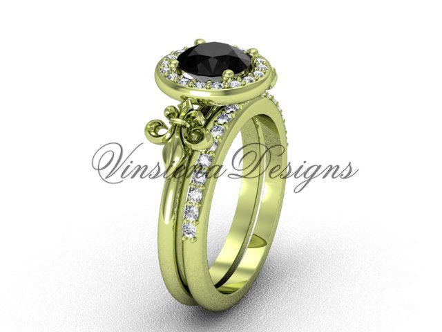 14kt yellow gold diamond, halo ring, Fleur de Lis engagement ring, enhanced Black Diamond VD208129S