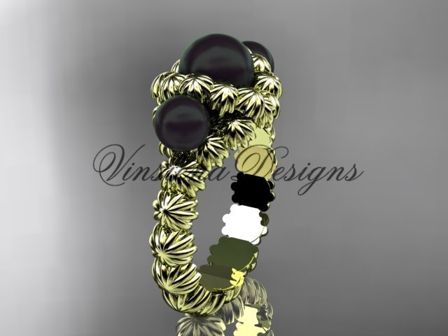 14kt yellow gold three stone, Round Tahitian Black Cultured Pearl engagement ring VBP1007