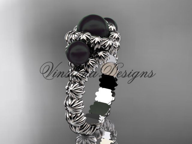 Platinum three stone, Round Tahitian Black Cultured Pearl engagement ring VBP1007