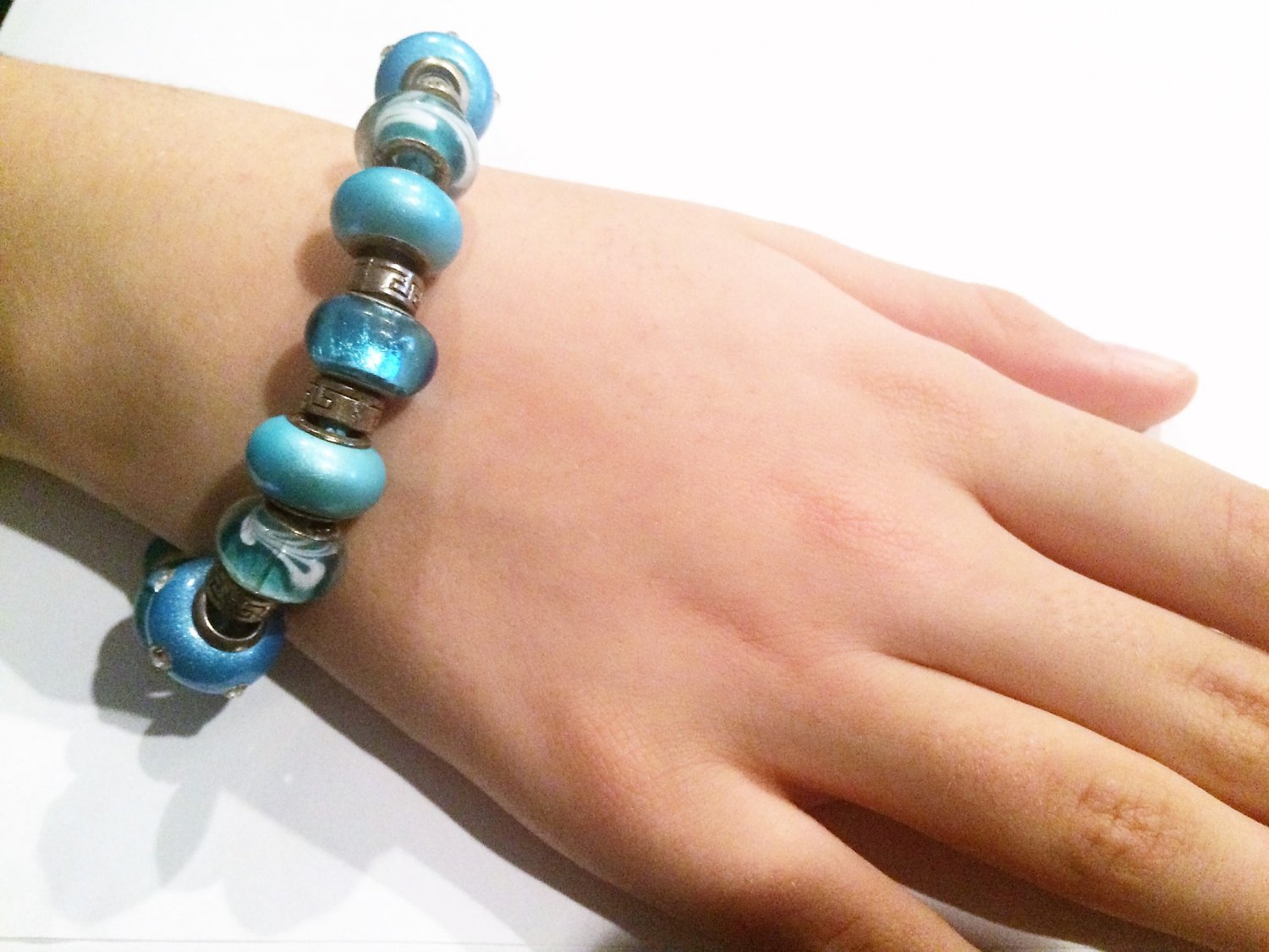 Light Blue Greek Key European Charm Bracelet