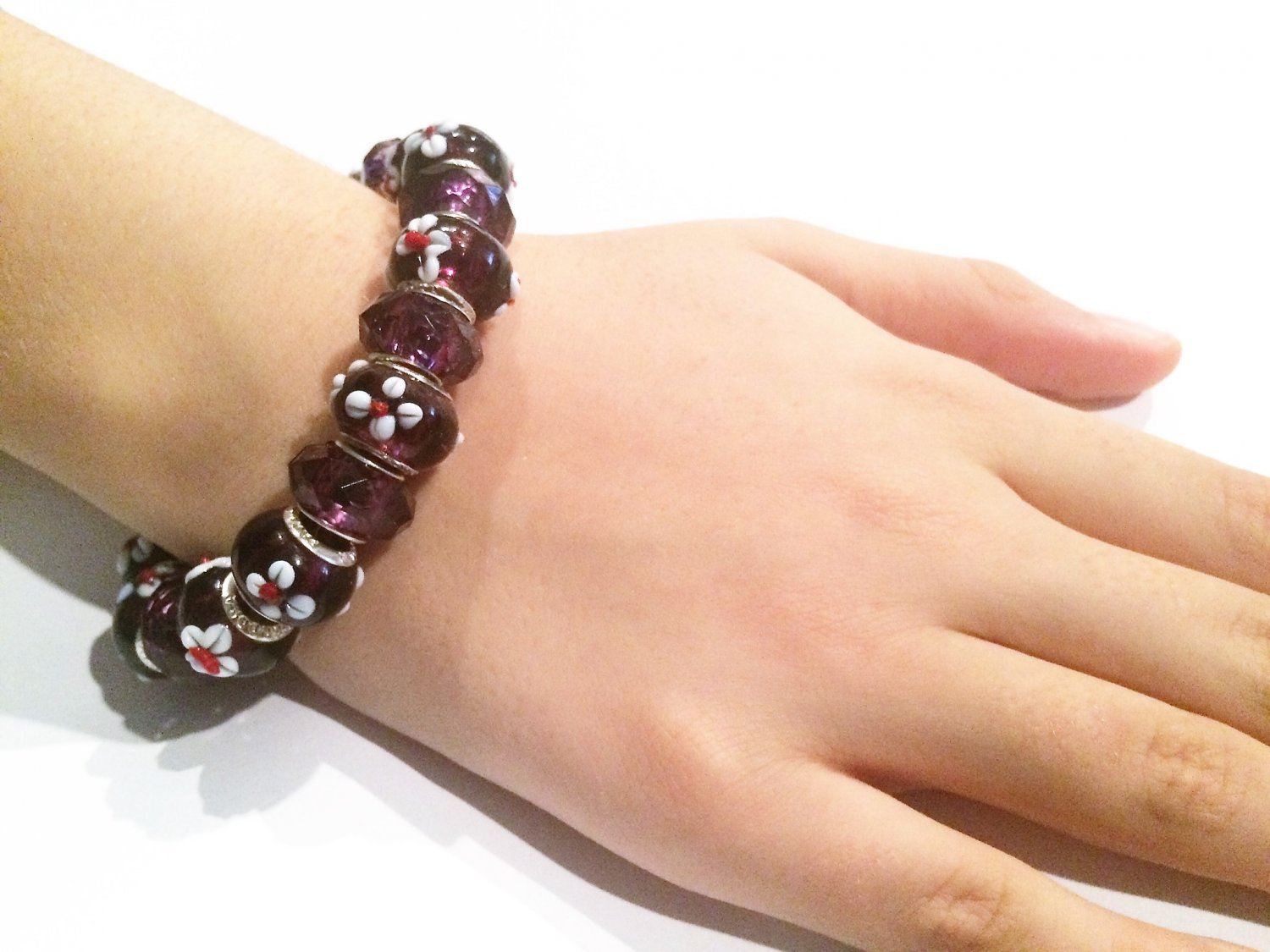 Purple Cowrie Flower European Bead Bracelet