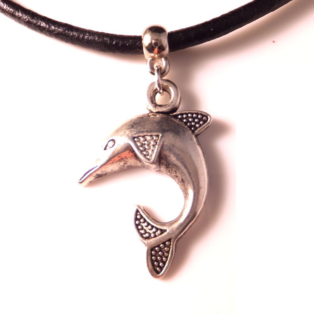 3mm Black Leather Choker Necklace With a Dolphin Charm Pendant