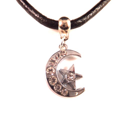 3mm Black Leather Choker Necklace With a Moon & Star Charm Pendant