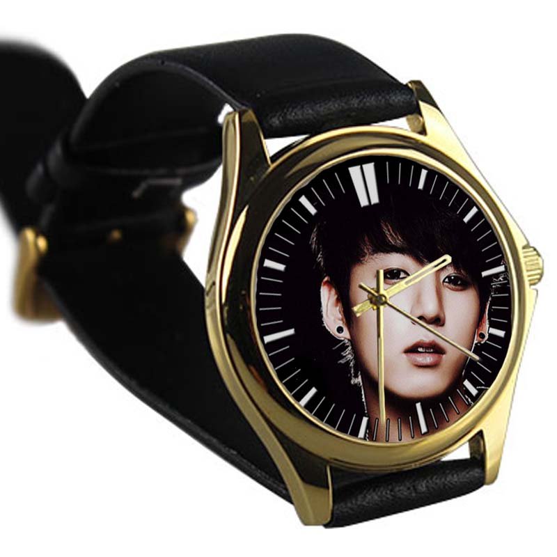 cool jungkook bangtan boys kpop leather gold Wristwatches