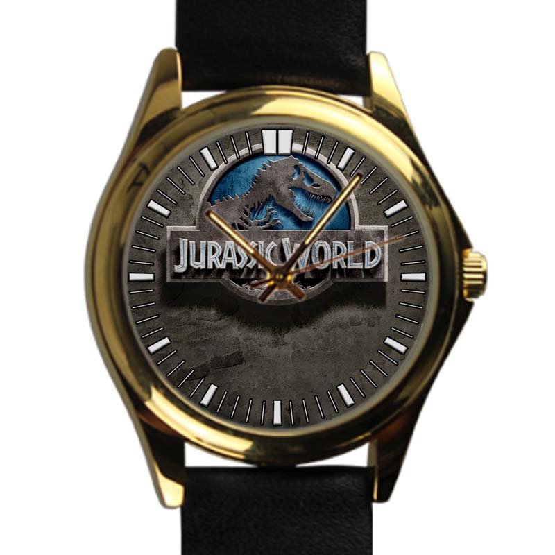 cool jurassic park logo wood pattern leather gold Wristwatches