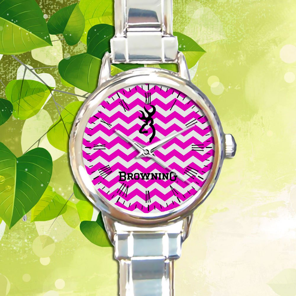 cute Browning deer pink chevron round charm watches stainless steel