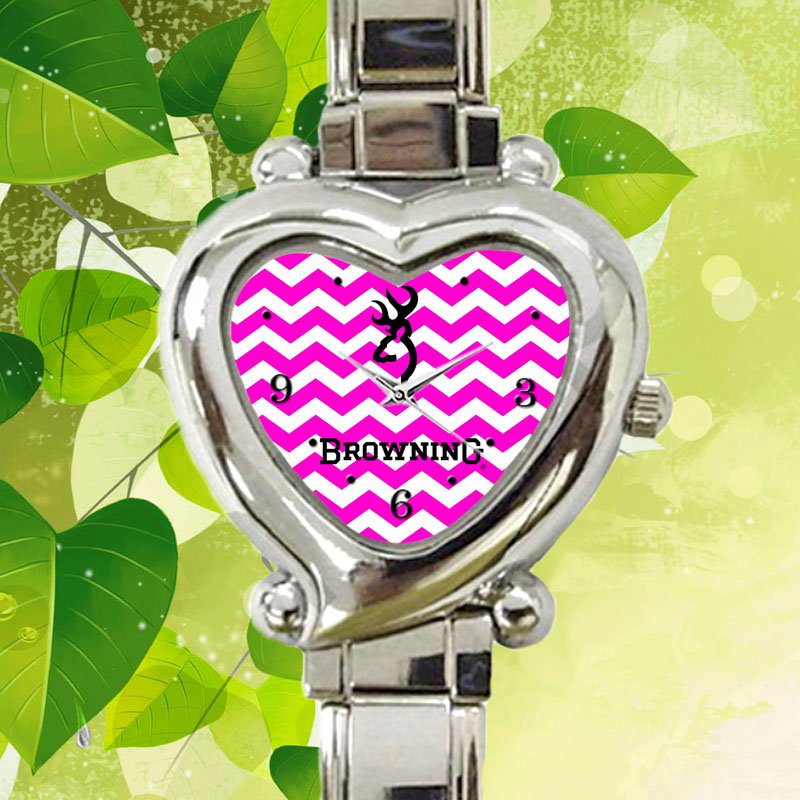 cute Browning deer pink chevron heart charm watches stainless steel
