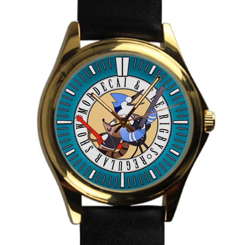 cool Regular Show Mordecai and Rigby oooohhh leather gold Wristwatches