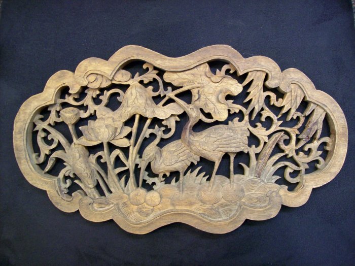 Wooden Carving with Two Cranes