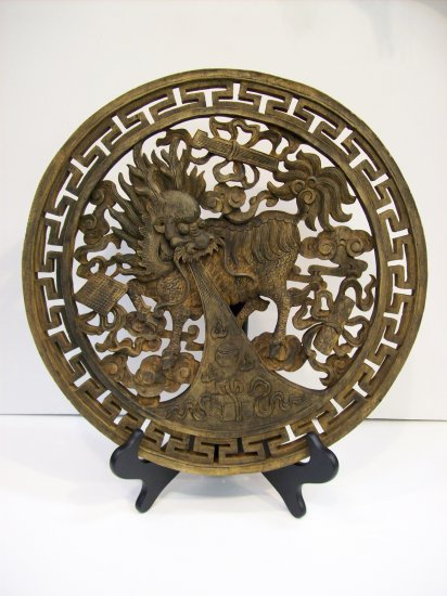 Wooden Carving of Chi Lin with Book of Wisdom