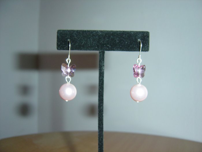 HANDMADE SWAROVSKI PINK BUTTERFLY CRYSTALS WITH GLASS PEARL EARRINGS