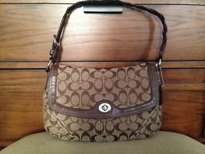 #H0769-11014 COACH Brown Genuine Leather Trim Signature Handbag
