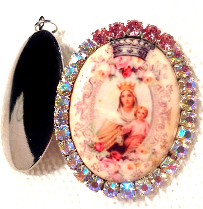 Large Virgin Mary Pink AB Rhinestone Locket Porcelain Cameo Madonna and Child Jesus Pendant Jewelry