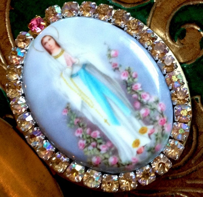 Large Our Lady of Lourdes Porcelain Cameo Rhinestone Locket Prayer box Religious Jewelry