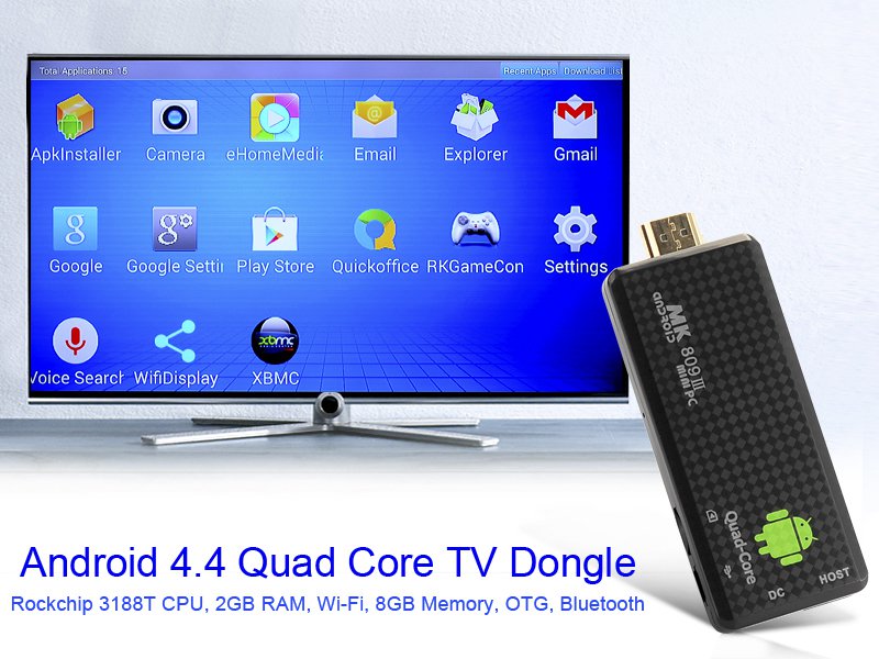 Android 4.4 Quad Core TV Stick - Rockchip 3188T CPU, 2GB RAM, Wi-Fi, 8GB Memory, OTG, Bluetooth