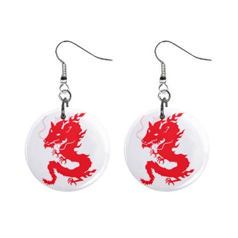 Red Chinese Dragon Dangle Earrings Jewelry 1 inch Buttons 12240264