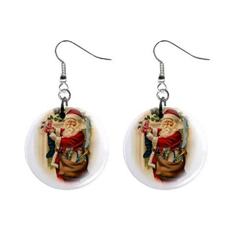 Christmas Vintage Santa Dangle Earrings Jewelry 1 inch Buttons 12456946