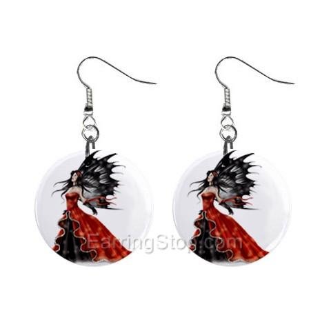 Black and Red Fairy Dangle Earrings Jewelry 1 inch Buttons 12479719