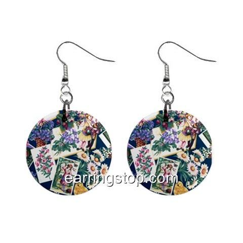 Vintage Greeting Cards Dangle Earrings Jewelry 1 inch Buttons 12345305