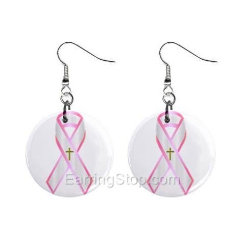 Pink Breast Cancer Awareness Ribbon #1 Dangle Earrings Jewelry 1 inch Buttons 12662721