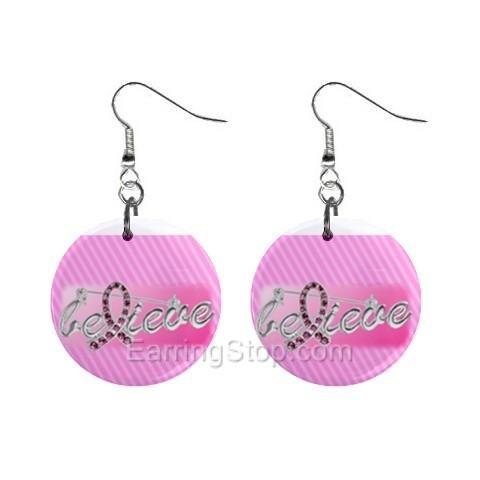 Pink Breast Cancer Awareness Ribbon #5 Dangle Earrings Jewelry 1 inch Buttons 12662726