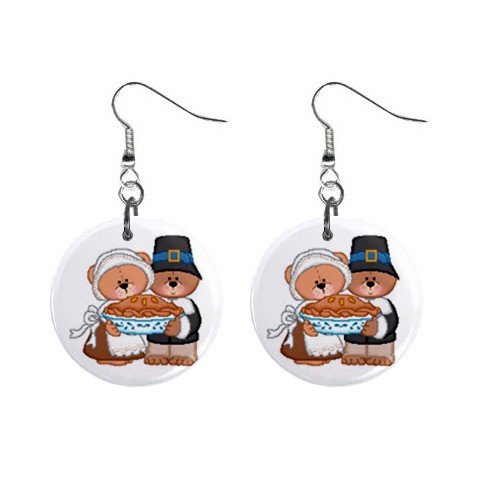 Thanksgiving Bears Dangle Button Earrings Jewelry 1 inch Round 12894134