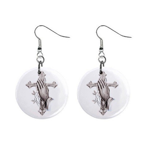 Praying Hands with Cross Dangle Button Earrings Jewelry 1 inch Round 12792511