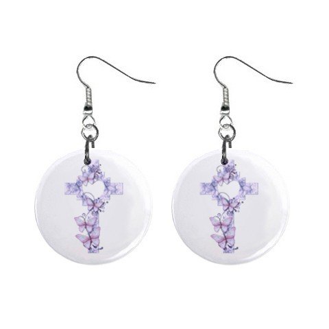 Religious Cross Dangle Button Earrings Jewelry 1 inch Round 12792513
