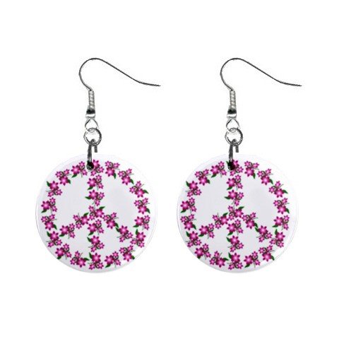 Peace Sign Pink Flowers Dangle Button Earrings Jewelry 1 inch Round 12709327