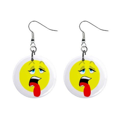 Exhausted Smiley Face Dangle Button Earrings Jewelry 1 inch Round 12779148