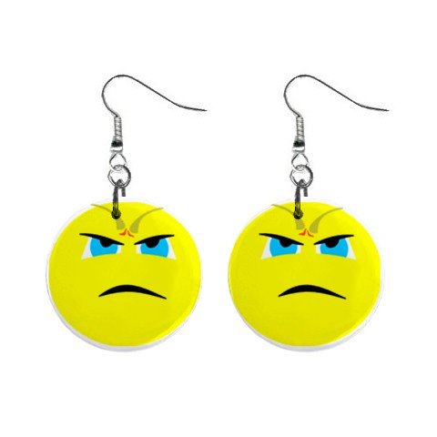 Angry Smiley Face Dangle Button Earrings Jewelry 1 inch Round 12779127
