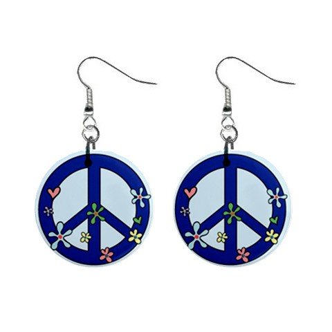 New Blue Hippie Flower Peace Sign Symbol 1" Round Button Dangle Earrings Jewelry 13097403